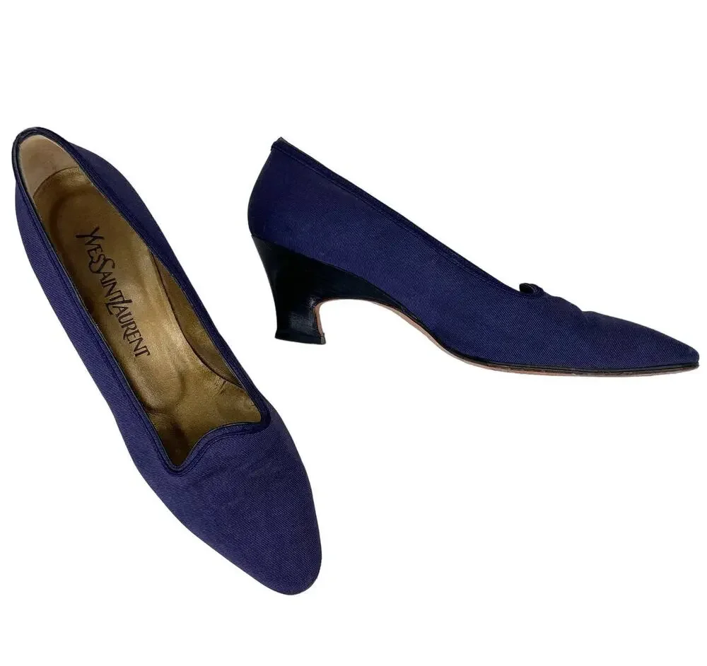 Yves Saint Laurent YSL Vintage Ribbed Navy Silk Pumps 7M Heels 2.25